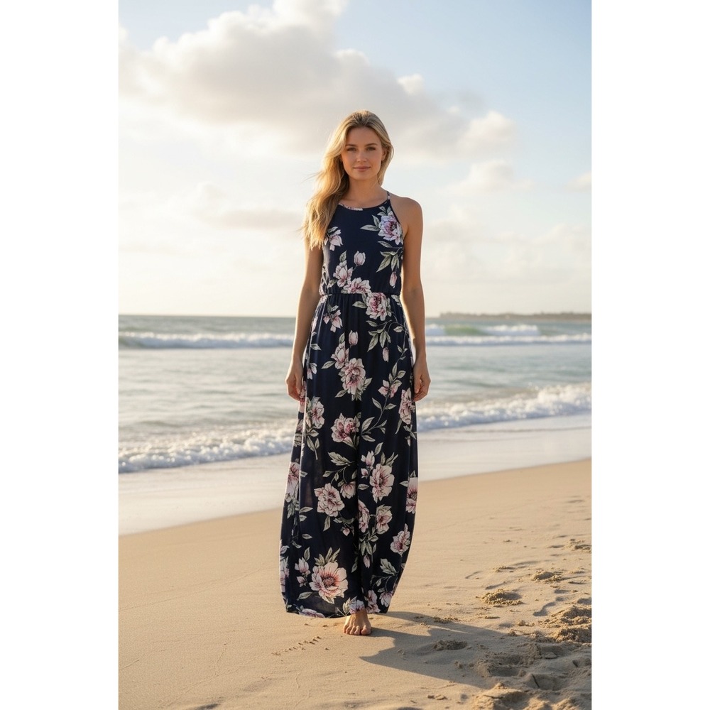 French Grey Navy Pink Floral Halter Maxi Dress Small Lace Trim Sleeveless Boho